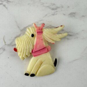 Vintage Carved Celluloid Scottish Terrier Brooch, Scottie Dog with Pink Bow Pin